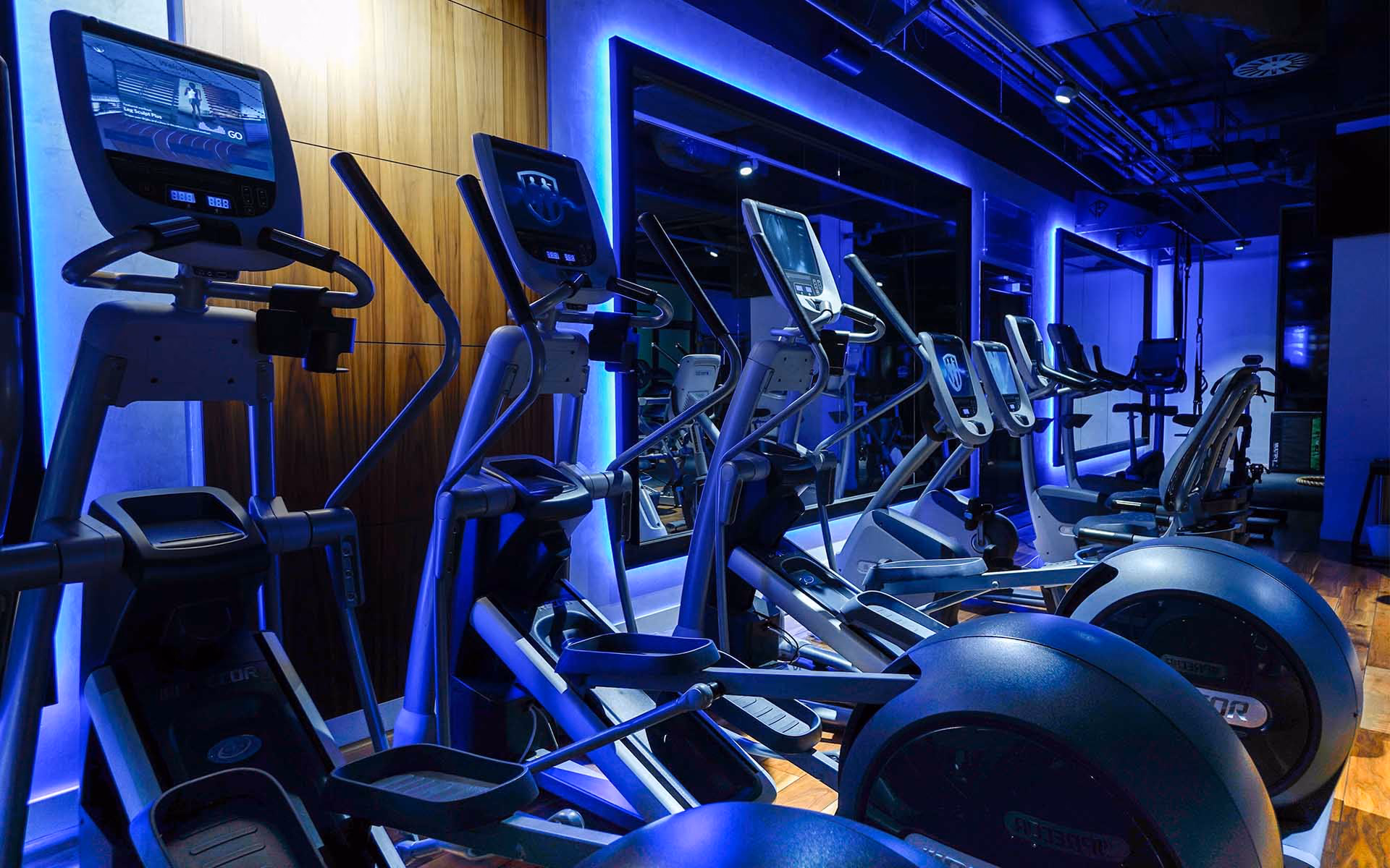 Rząd orbitreków w strefie cardio klubu Quantum Fitness