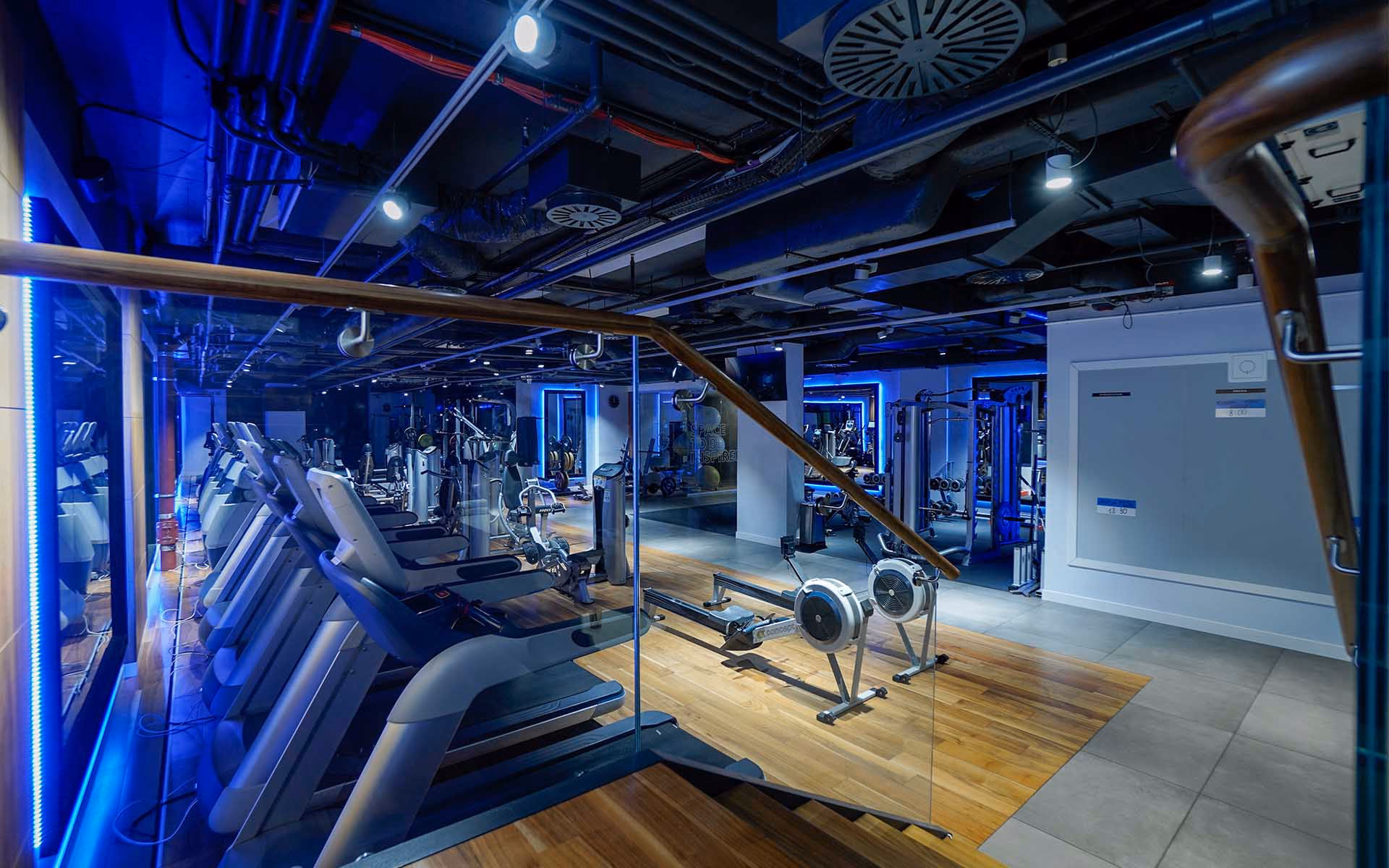 Strefa cardio z bieżniami i wioślarzami w niebieskim oświetleniu